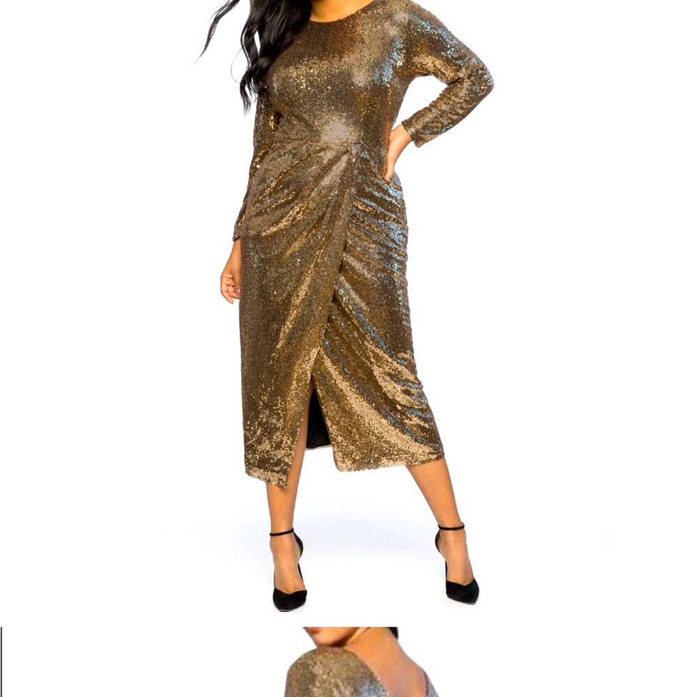 Gold Sequin Midi Dress with Side Drape